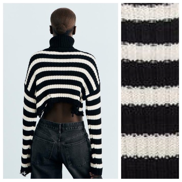 NWOT. Zara Black/White Striped Cropped Turtleneck Sweater. Size XS. - Picture 4 of 11